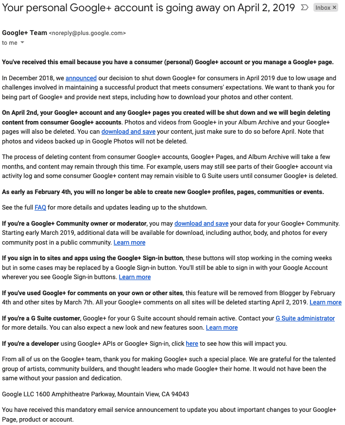 Google+ Shutdown Announcement