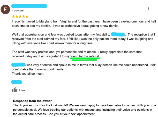 Example of a word-of-mouth review